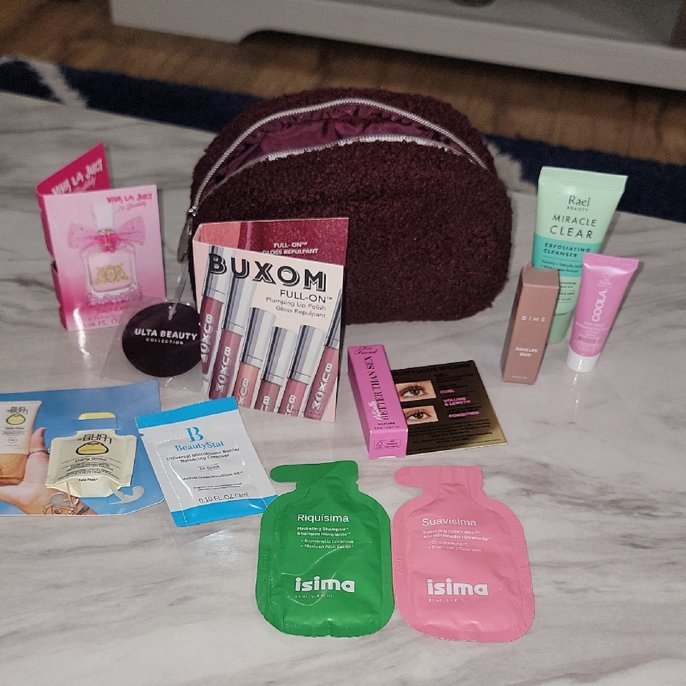 New Ulta Deep Maroon Plush Cosmetic Bag With Makeup & Beauty Product